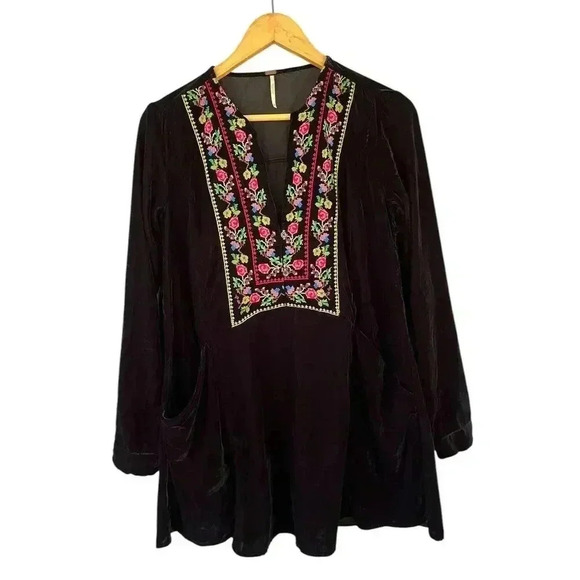 Free People Always Forever Black Velvet Embroidered Tunic Dress XS Oversized - Picture 9 of 12